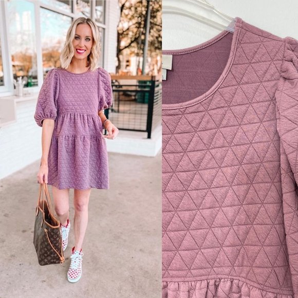 A New Day Women Knit Dress Large Quilted Purple Half Sleeve Mini Soft Tiered New - Picture 12 of 12